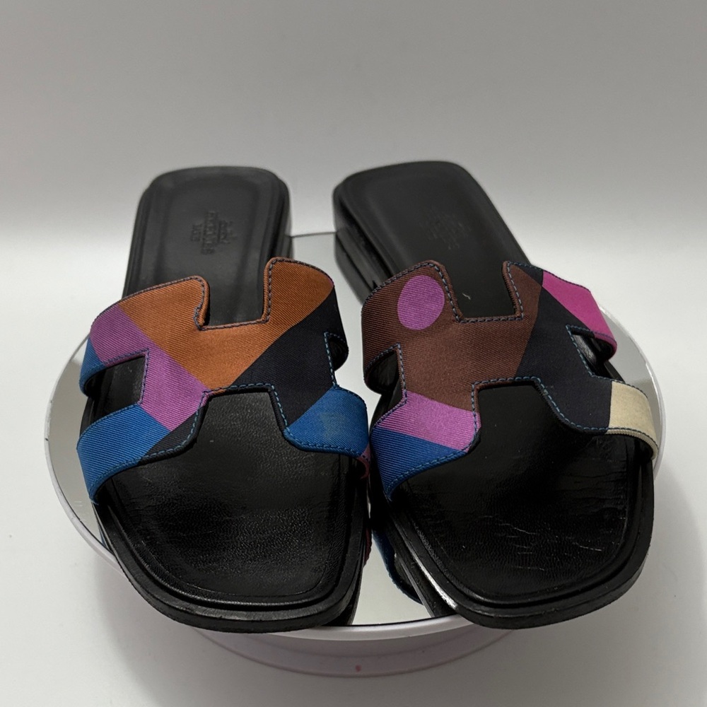 Hermes Black and Multicolor Slide Sandals